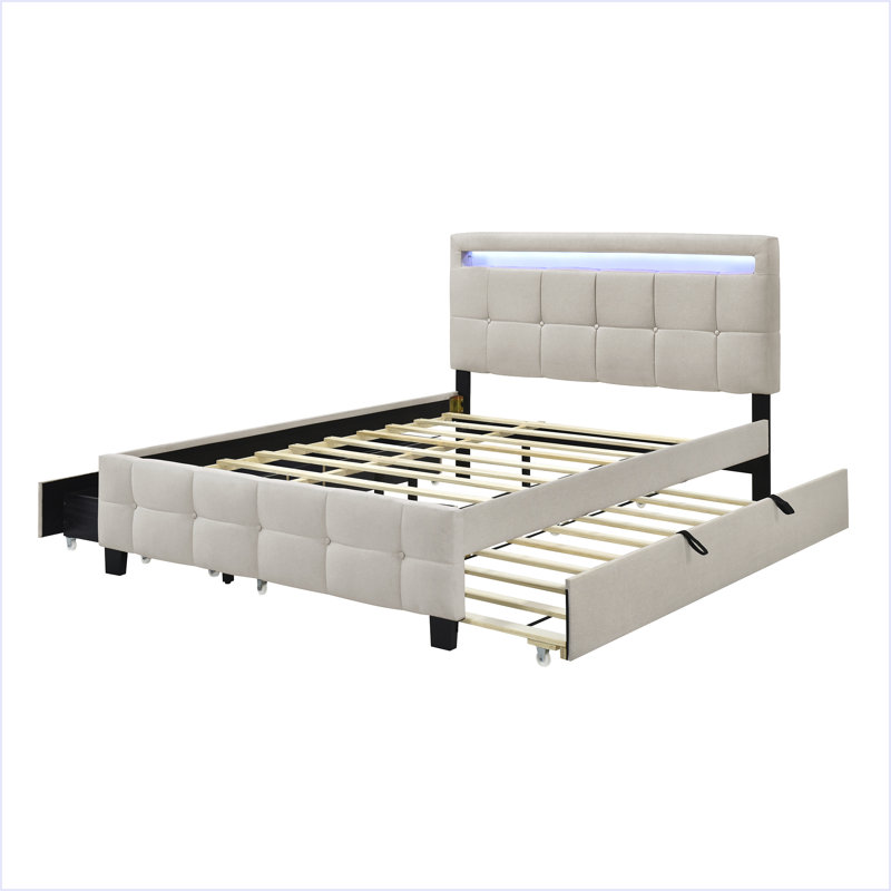 Grand lit plateforme tapissier avec structure à DEL, lit gigogne simple TG et 2 tiroirs, tissu en lin, Beige
