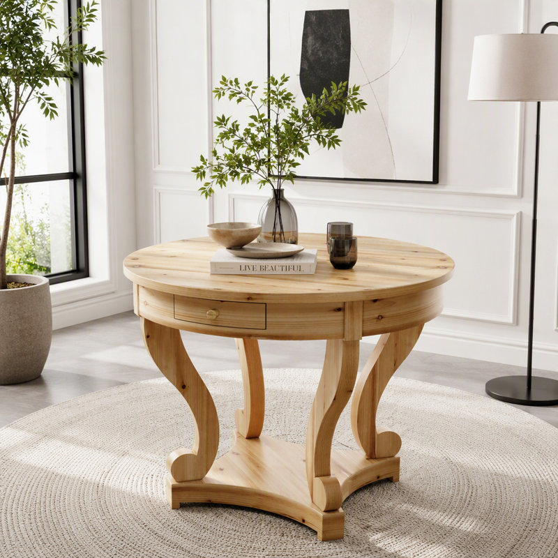 Table ronde Farmhouse avec pieds courbés et tiroirs de rangement - 2 places, Natural Wood