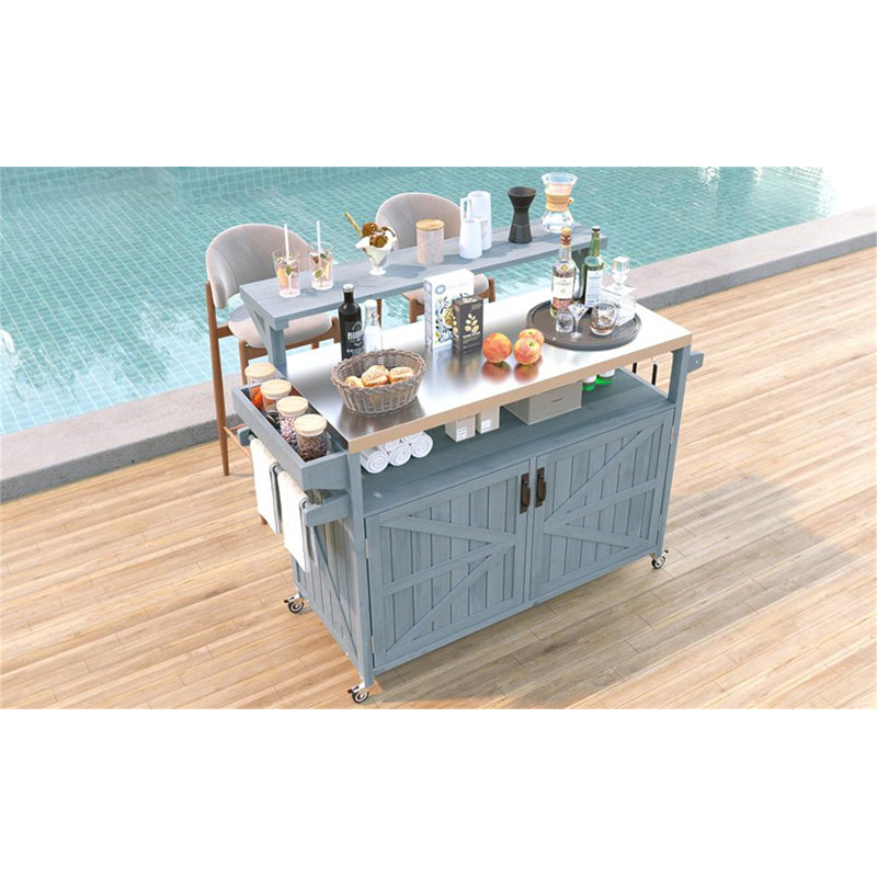 53.3" Outdoor Kitchen Island With Raised Shelf, Solid Wood Storage Cabinet With Stainless Steel Top, Outdoor Rolling Grill Cart With Internal Storage Rack, Adjustable Shelf, Spice Rack