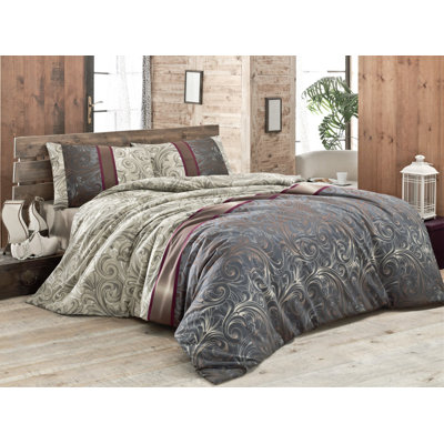 Luxury King Quilt Cover Set, Cream & Black, Grey & Claret Red, 79 x 87 | 65% Cotton / 35% Polyester, 127 Thread Count | Machine Washable, Envelope & Button Closure | Soft, Stylish Bedding for Elegant Bedrooms
