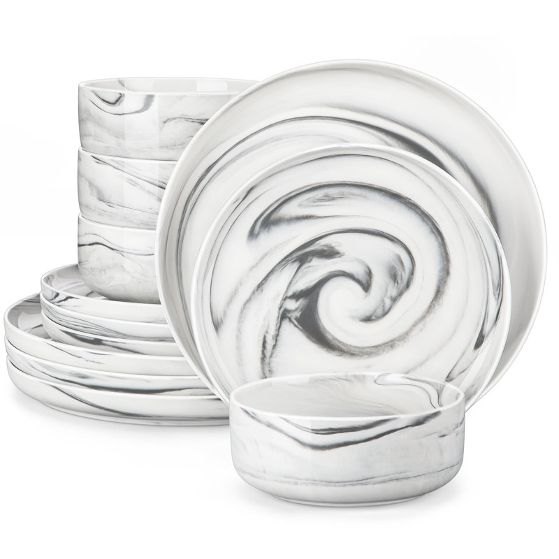 12-Piece Porcelain China Dinnerware Set - Service for 4, Grey/White