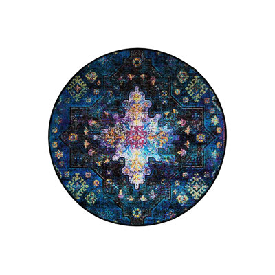 Navy Blue Tones Traditional Motif Patterned Round Woven Base Vintage Decorative Carpet
