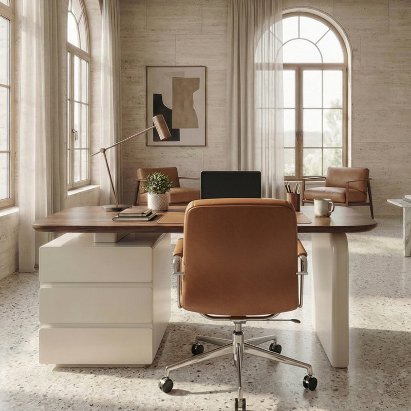 Bureau moderne en noyer de 70,9 po avec plateau en bois massif et 3 tiroirs de rangement Dunte