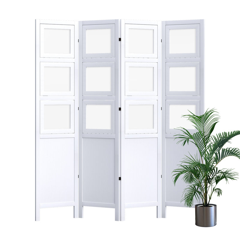 4-Panel Picture Frame Style Room Divider, Pure White, White