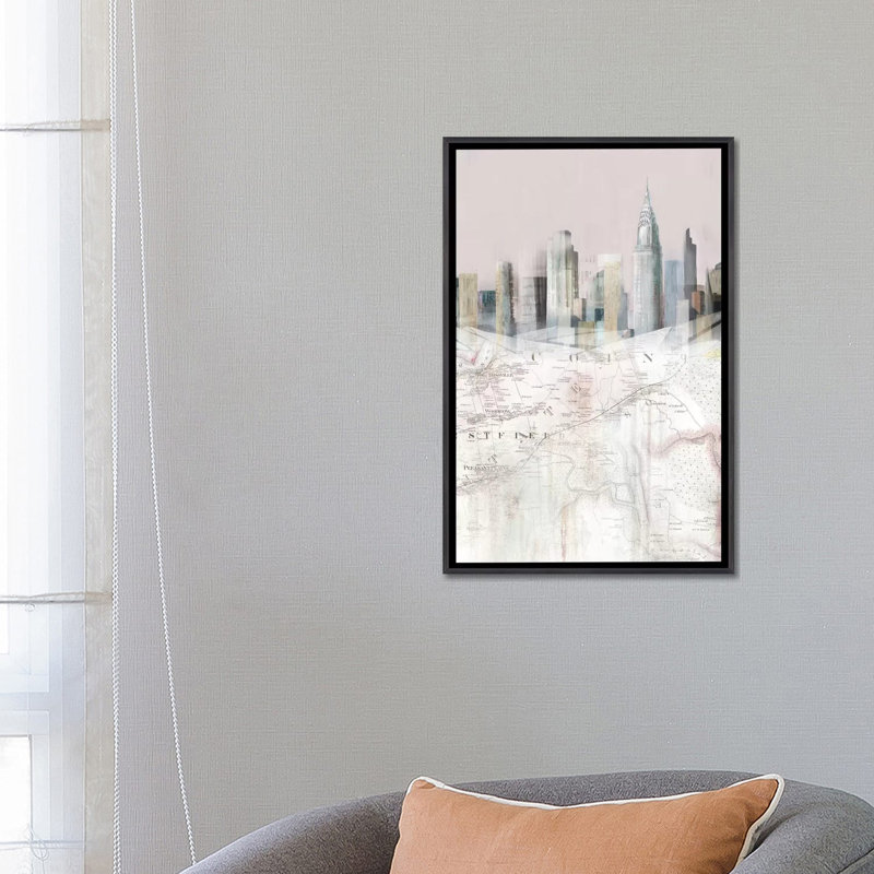 «Blush Manhattan Map II» par Isabelle Z - impression d'art graphique, Toile avec cadre noir patiné, Aucun mat