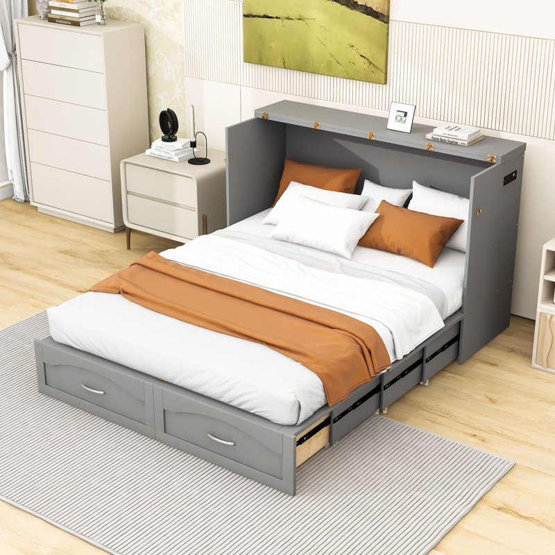 Lit escamotable en bois Latitia avec tiroir et ports USB, Grand, gris