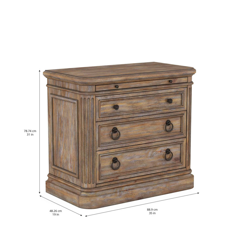 Almond Pine Veneer 3-Drawer Nightstand with Metal Accents
