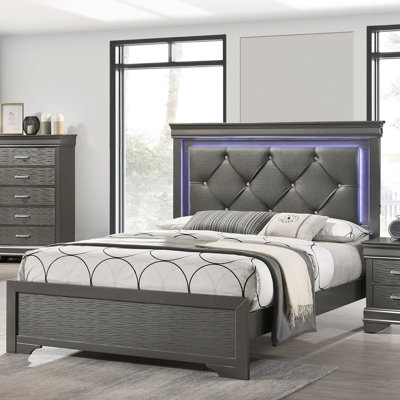 Tête de lit capitonnée en similicuir avec lit 1pièce et mobilier de chambre à coucher à DEL gris, texture unique en bois massif FB
