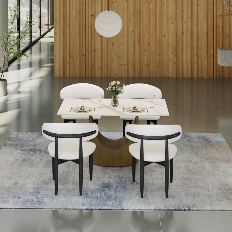 Fairy 5-Piece Modern Rectangular Sintered Stone Dining Table Set With 4 Solid Wood Chairs, Black, Snow White