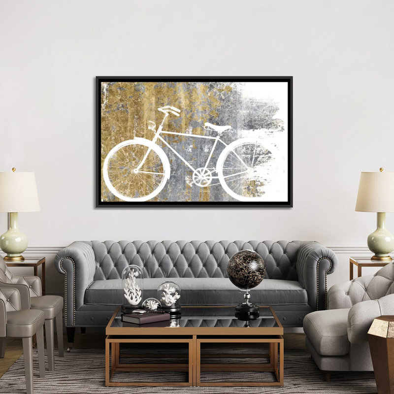 «Gilded Bicycle», impression sur toile tendue, H 40 po x l 60 po x P 1,5 po, Toile avec cadre noir, Pas de tapis