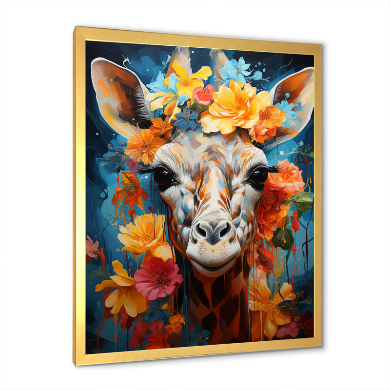 «Cute Floral Giraffe Happiness I», reproduction, Cadre doré simple, H 44 po x l 34 po x P 1,5 po