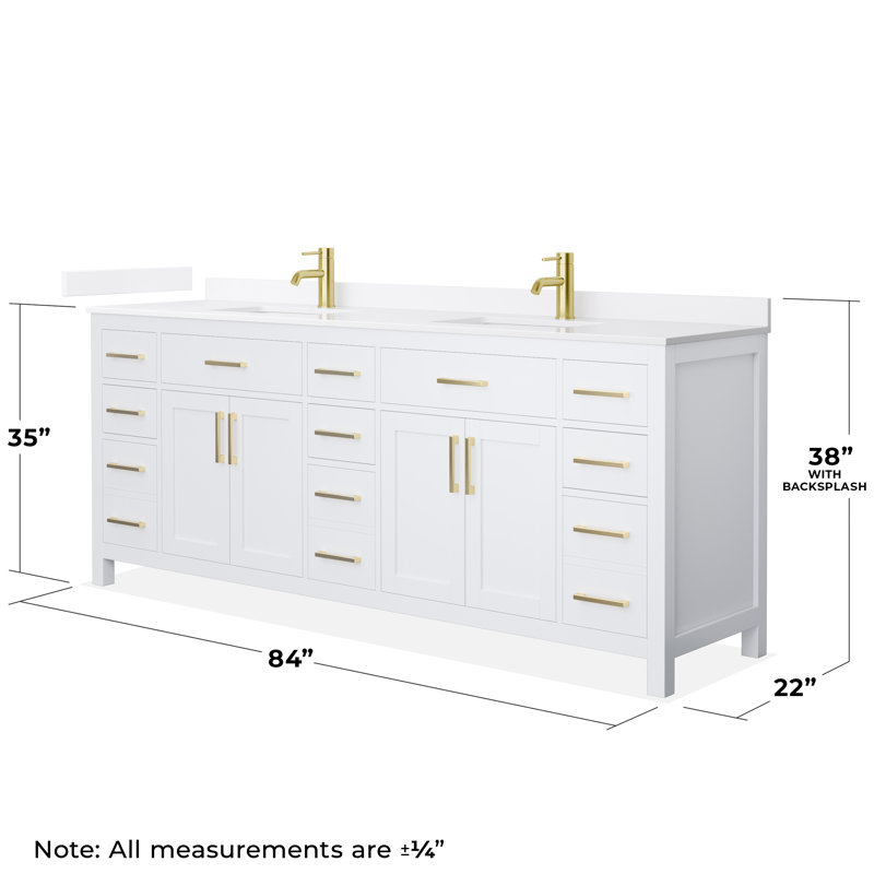 Beckett 84" Freestanding Double Bathroom Vanity with Quartz Top, White, Brushed Gold, White Quartz