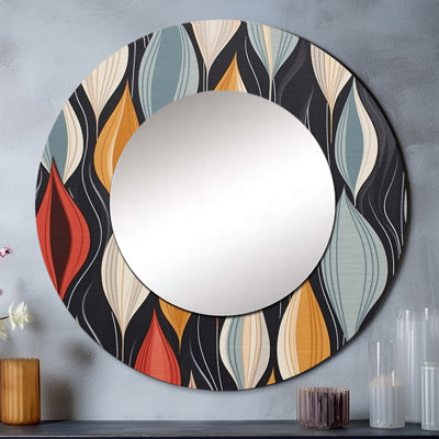 Rétro abstrait feuilles II - miroir géométrique, miroir mural rond unique moderne, art imprimé en métal