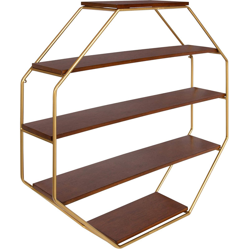 Floating Wood Wall Shelves With Gold Metal Frame, Octagon Design For Decorative Storage And Display