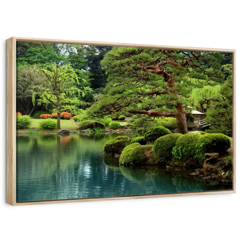 Bonsaï zen au bord du lac, 31 po x 21 po, Cadre flottant en bois naturel