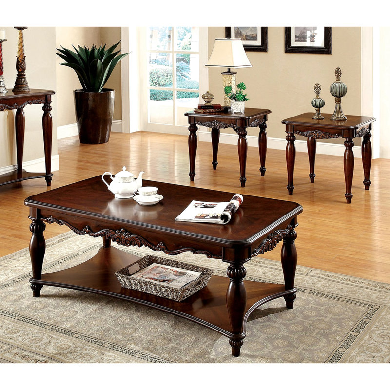 Cherry - Table basse 3 pièces au fini de style traditionnel avec pieds tournés et tablette ouverte pour le salon