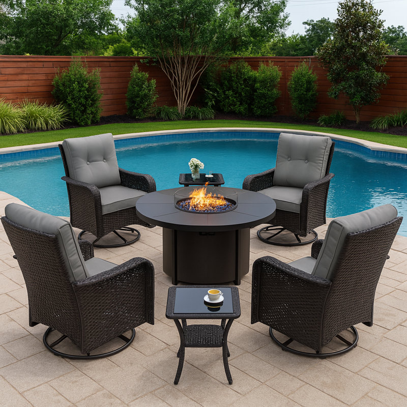 4 Person Outdoor Rocking Swivel Chair Set With Removable Cushions ,Coffee Table And Round Outdoor Fire Pit Table 40,000 BTU