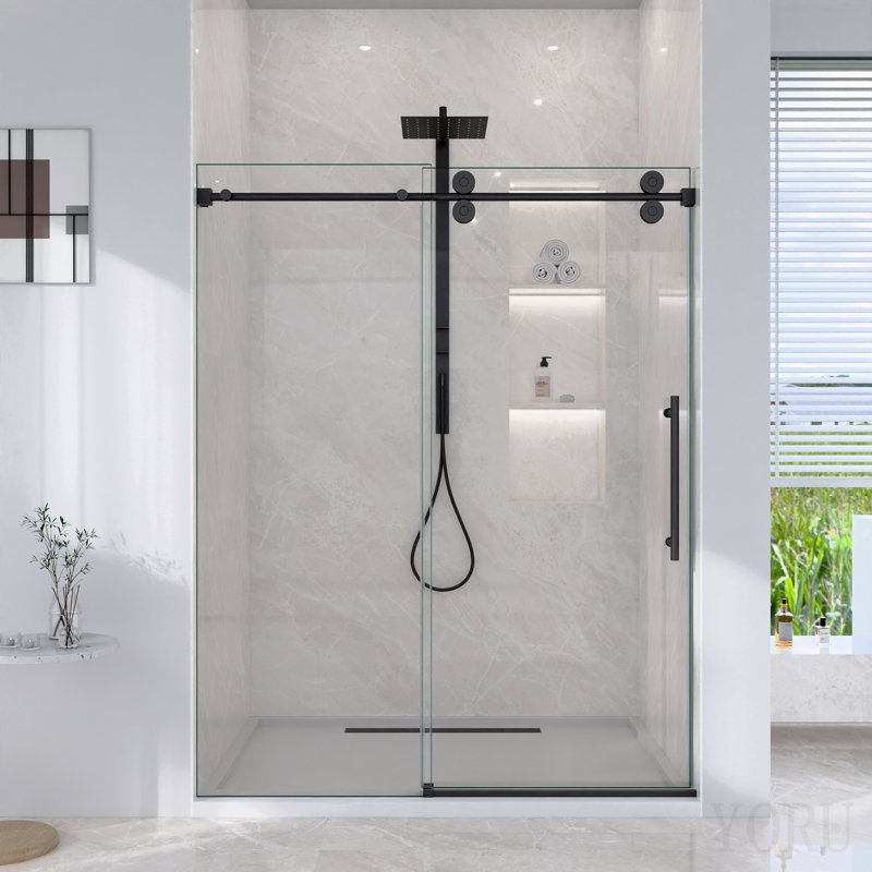 Porte de douche coulissante simple sans cadre de 44 à 48 po de hauteur H 76 po - Verre trempé transparent de 5/16 po (8 mm), conception de dérivation avec finition noir mat