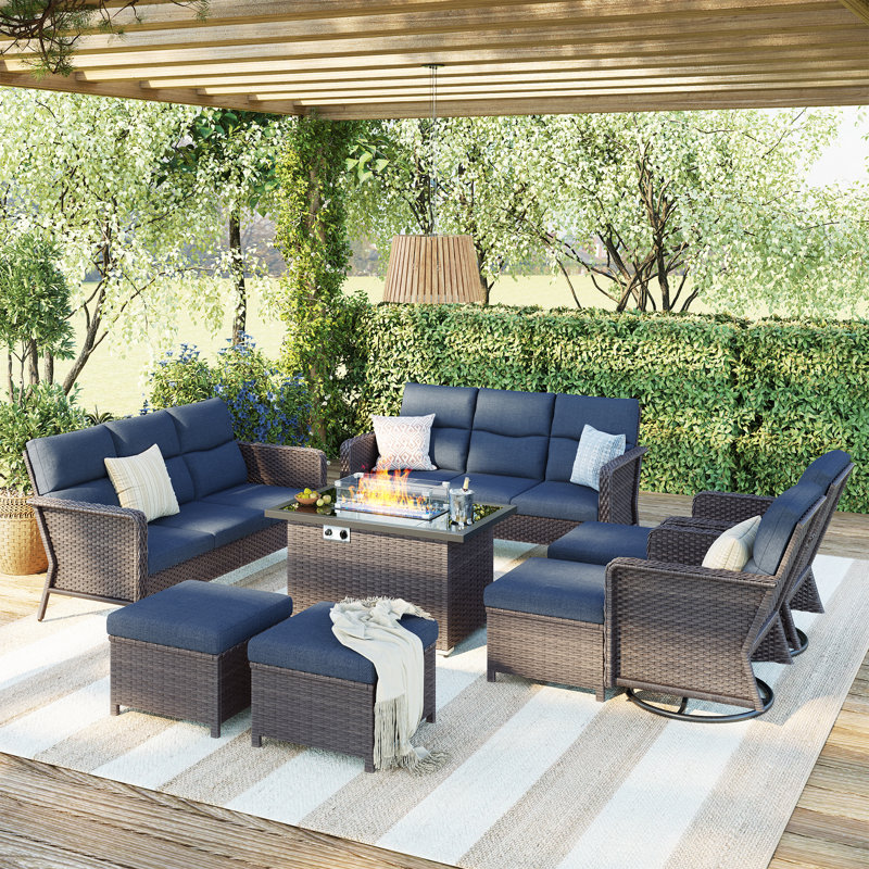 12 - Person Outdoor Swivel Rocking Chair Conversation Set With Fire Pit Table And Cushions, Blue