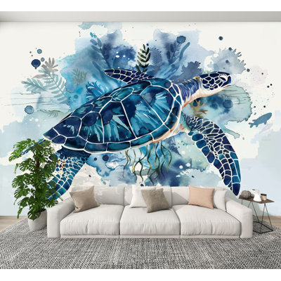 Peel and Stick Wallpaper Ocean Wall Decor Blue Turtle Sea Pictures Coastal Print Painting Wall Murals 100"H x 144"W Removable PVC Wall Paper Self-Adhesive Wall Decor for Bedroom Living Room Home Office