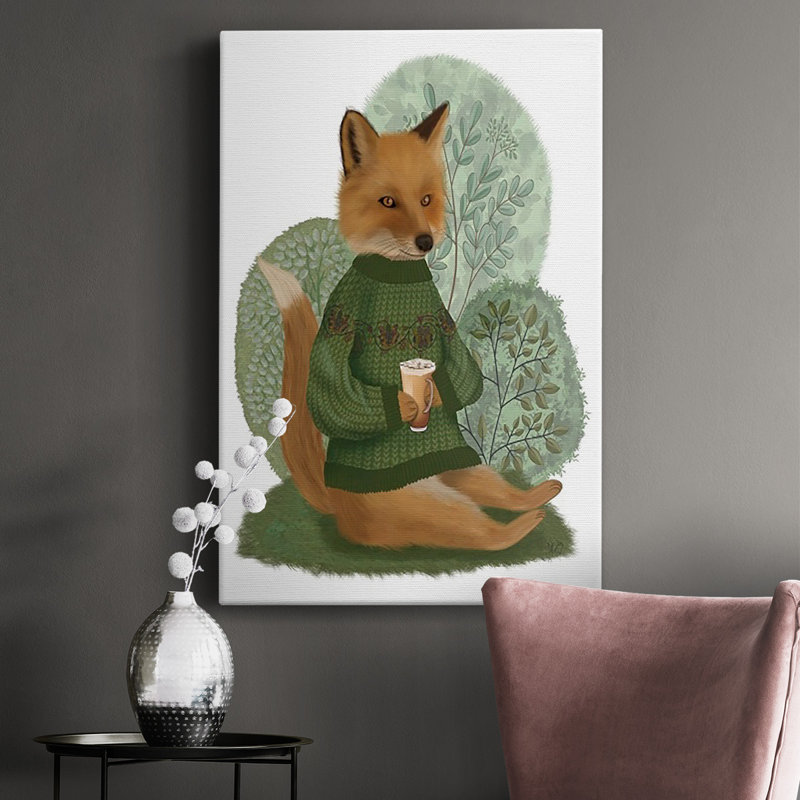 Latte renard dans un chandail sur toile de qualité supérieure - Prêt à accrocher, H 18 po x l 12 po x P 1 po