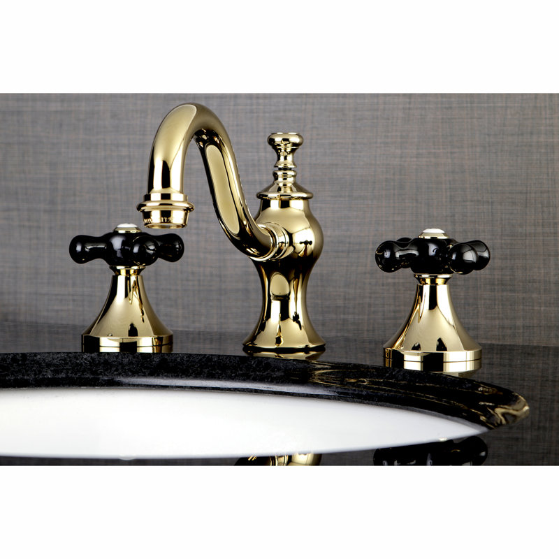 Kingston Brass Duchess Two-Handle 3-Hole Deck Mount Widespread Bathroom Faucet with Brass Pop-Up Drain, Polished Brass