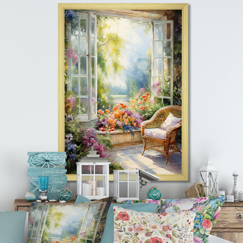 Orange et vert, fenêtre française vue III - fenêtre, art mural sur toile, Cadre doré simple, H 32 po x l 16 po x P 1 po