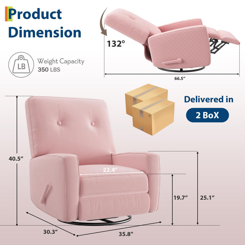 360° Swivel Corduroy Recliner Chair for Adults – Rocking Glider Armchair with Adjustable Backrest & Footrest – Cozy Nursery, Living Room, Bedroom Side Chair – Pink Corduroy