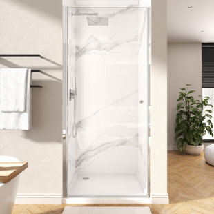 Porte de douche pivotante demi-cadre l 30 po x H 72 po Mortix avec panneau de douche en verre transparent 1/4 po