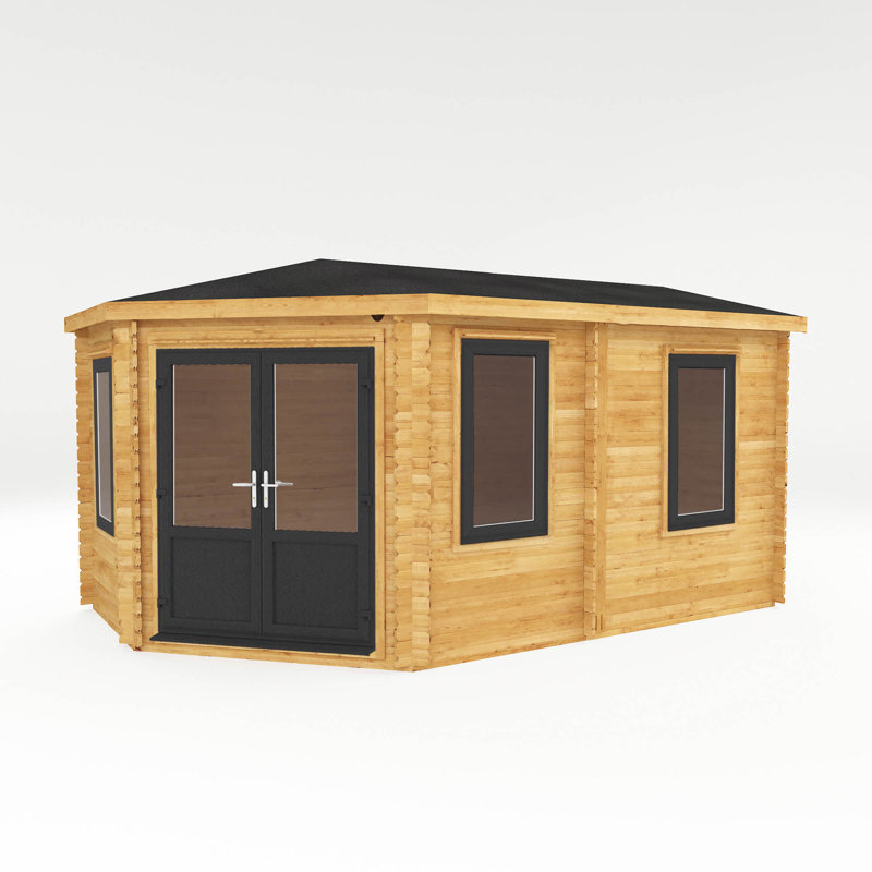 16ft x 10ft Corner Lodge Grande Log Cabin UPVC Windows & Doors (44mm), Grey/Natural Timber