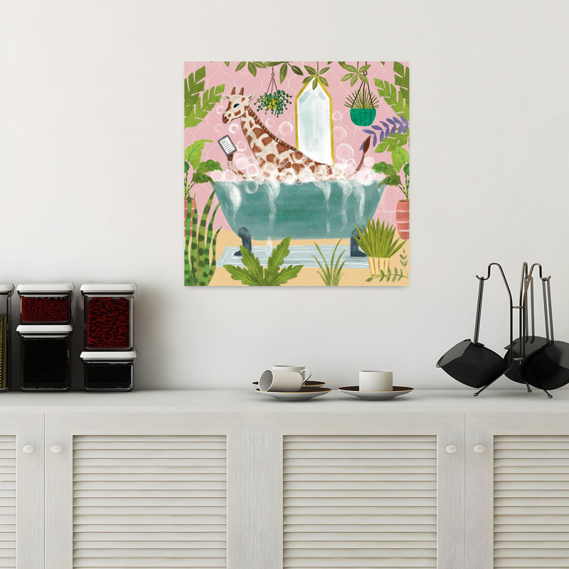 Girafe dans une baignoire sans boisson, art contemporain fantaisiste, H 18 po x l 18 po