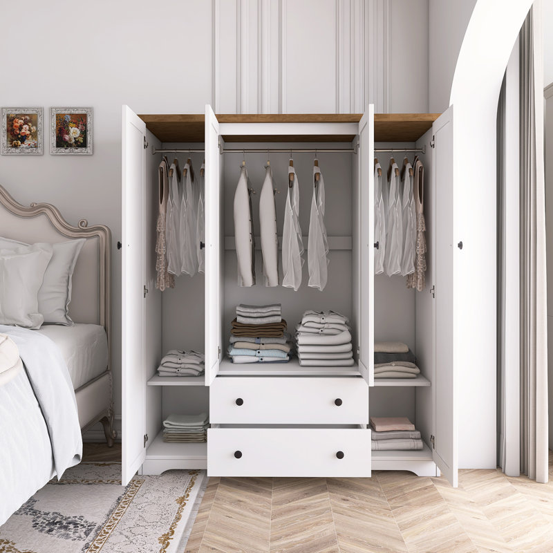 Armoire-penderie 4 portes avec 2 tiroirs, Blanc