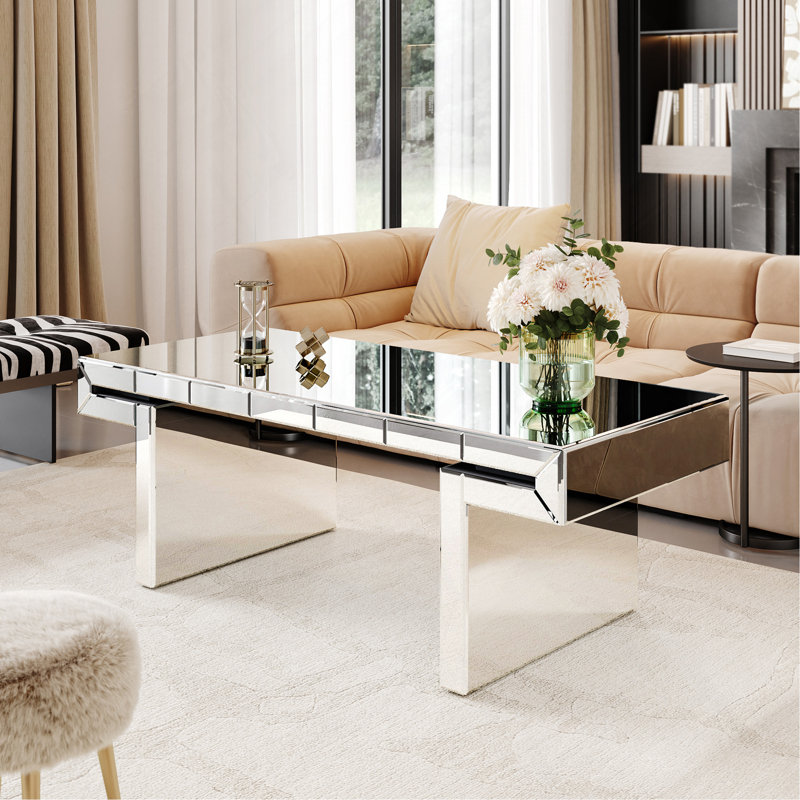 Table basse à miroir rectangulaire de luxe 47 pouces avec verre trempé cannelé, table d'appoint moderne pour canapé, assemblage facile en 2 étapes, style luxueux léger, emballage renforcé