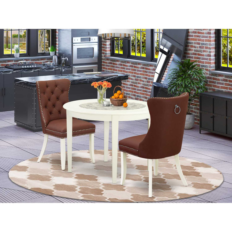 3-Piece Linen White Finish Round Solid Wood Top Dining Table Set, Brown