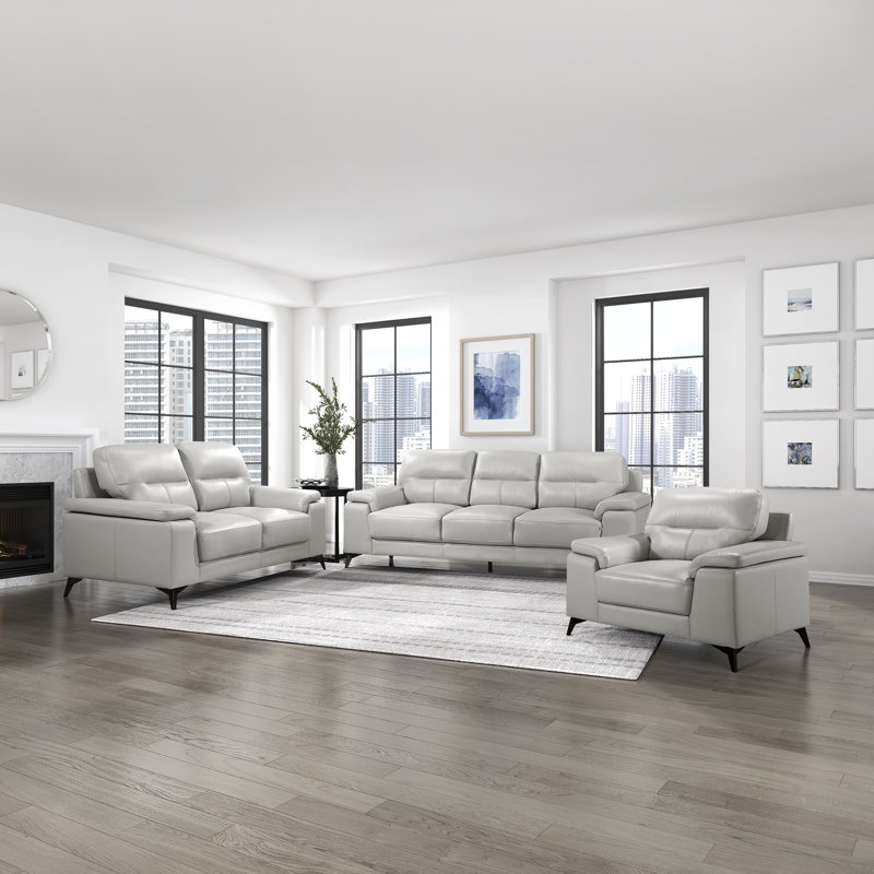 Dontario Modern & Contemporary Top Grain Leather 3-Piece Living Room Set with High-Density Foam, Exposed Metal Feet & Premium Seating Surfaces