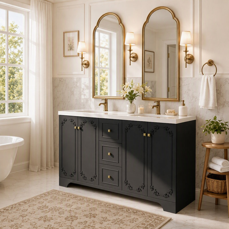 Meuble-lavabo double de 60 po avec lavabo en résine, Noir