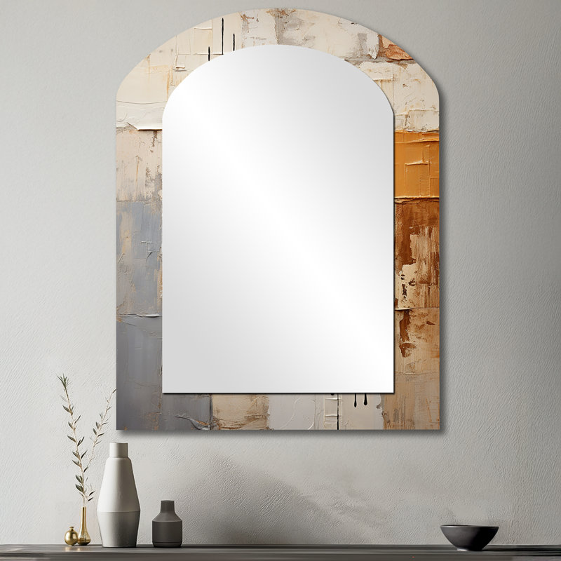 Abstraction I - grand miroir mural asymétrique abstrait avec collages abstraits, art moderne en métal imprimé, 43 po x 33 po