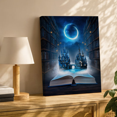 Toile, scène mystique mettant en vedette un livre ancien ouvert au centre d'art mural d'une bibliothèque à éclairage tamisé