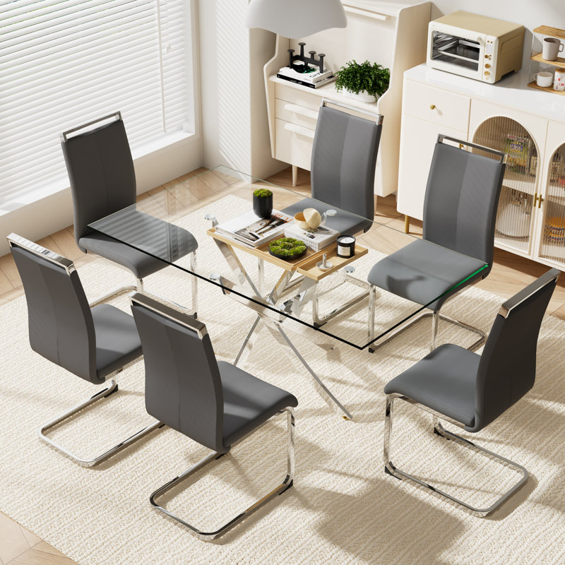 7 PCS,63" Rectangular Tempered Glass Table with 6 PU Leathe Upholstered Chairs, Dark Gray/Silver, Silver