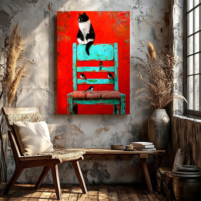 Reproduction d'art sur toile, art abstrait noir et blanc, chat noir et blanc sur une chaise turquoise rustique rouge