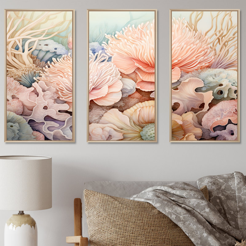 Ensemble de décorations murales Sea Anemone Pastel Elegant I - Coastal Coral Under Water, Cadre naturel flottant