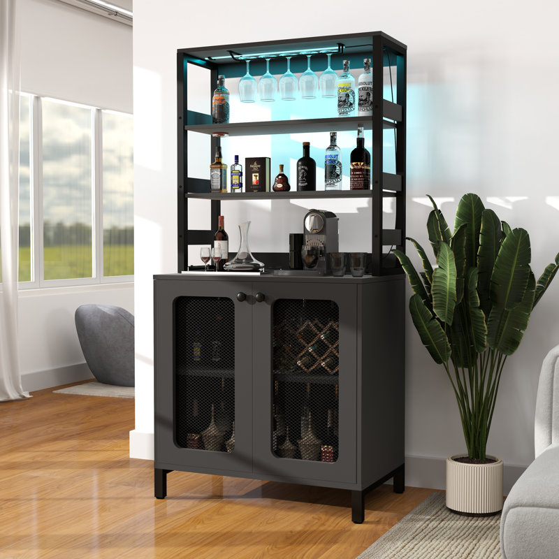 Swapan 66.9''tall  Modern Wine Cabinet Bar Cabinet with Wine Glasses Rack and Led Strip, Black
