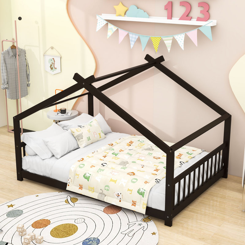 Charmant lit en bois avec toit, Double, Espresso