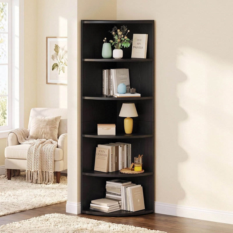 Finkel 66.9" H x 17.2" W Fan-Shaped 6-Tier Corner Bookcase, Wooden Opening Bookshelf, Black