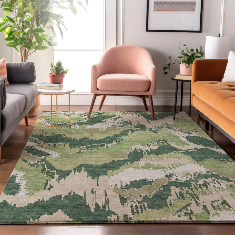 Premium Machine Washable Prisco Green Rug, Rectangle 10' x 14'