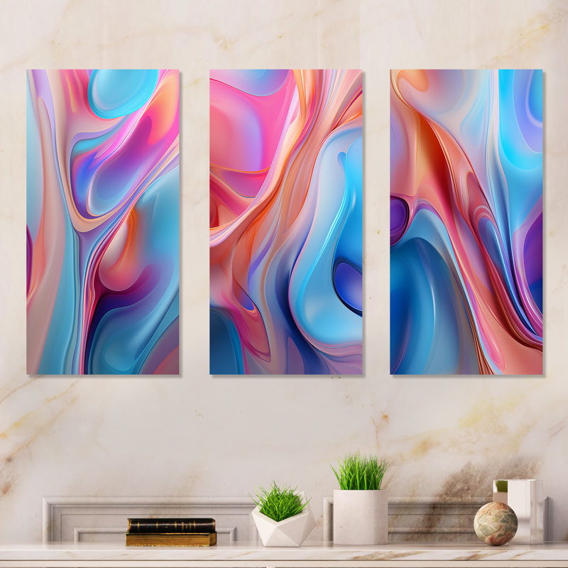 Ensemble de salon transitionnel bleu et rose I - art moderne abstrait en métal 3 pièces, H 32 po x l 48 po