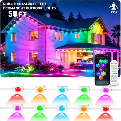 Éclairage permanent permanent pour l'extérieur, lumières de toit intelligentes 50pi RVB + IC, IP67 imperméable, application et télécommande, synchro de musique, lumières de couleurs des Fêtes