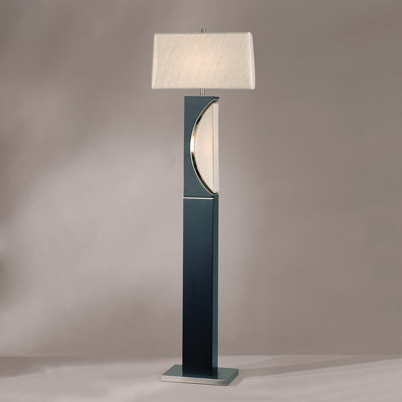 Charcoal Gray and Brushed Nickel 2-Light Floor Lamp with Off White Linen Shade