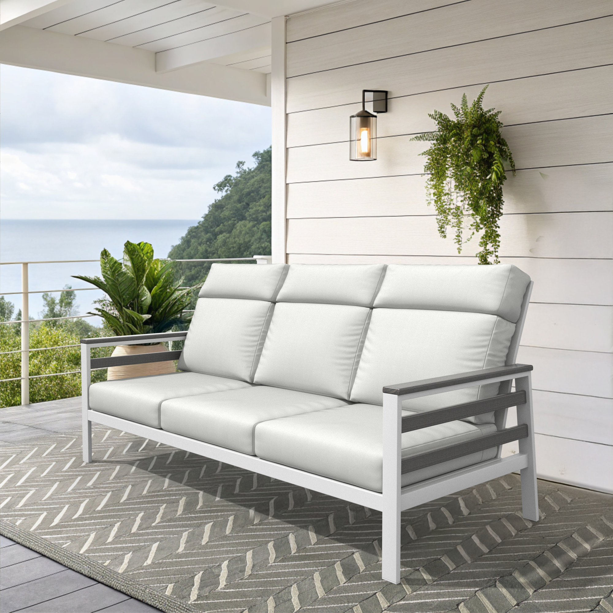Townsend Metal Outdoor Sofa With Sunbrella Cushion, Gray, Canvas White