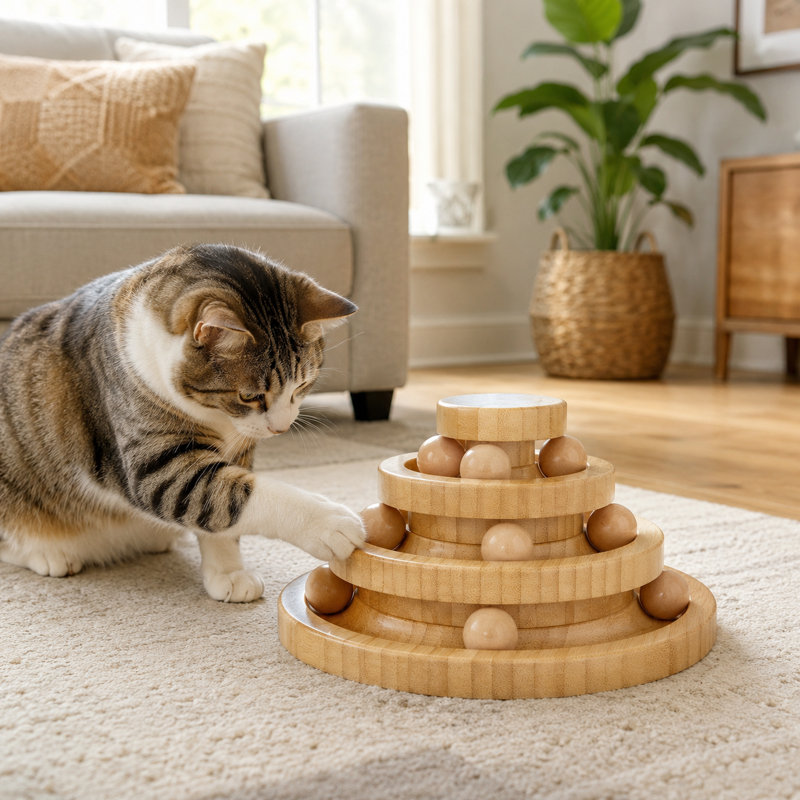 Plateau tournant pour chat en bois massif, jeu de balle interactif à 2 et 3 niveaux, jouet durable pour chat en bois résistant aux morsures